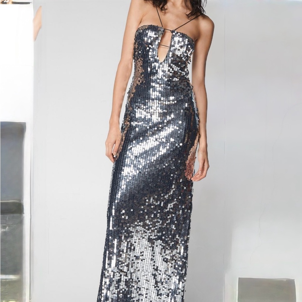 Nasty Gal Silver Sequin Halter Gown